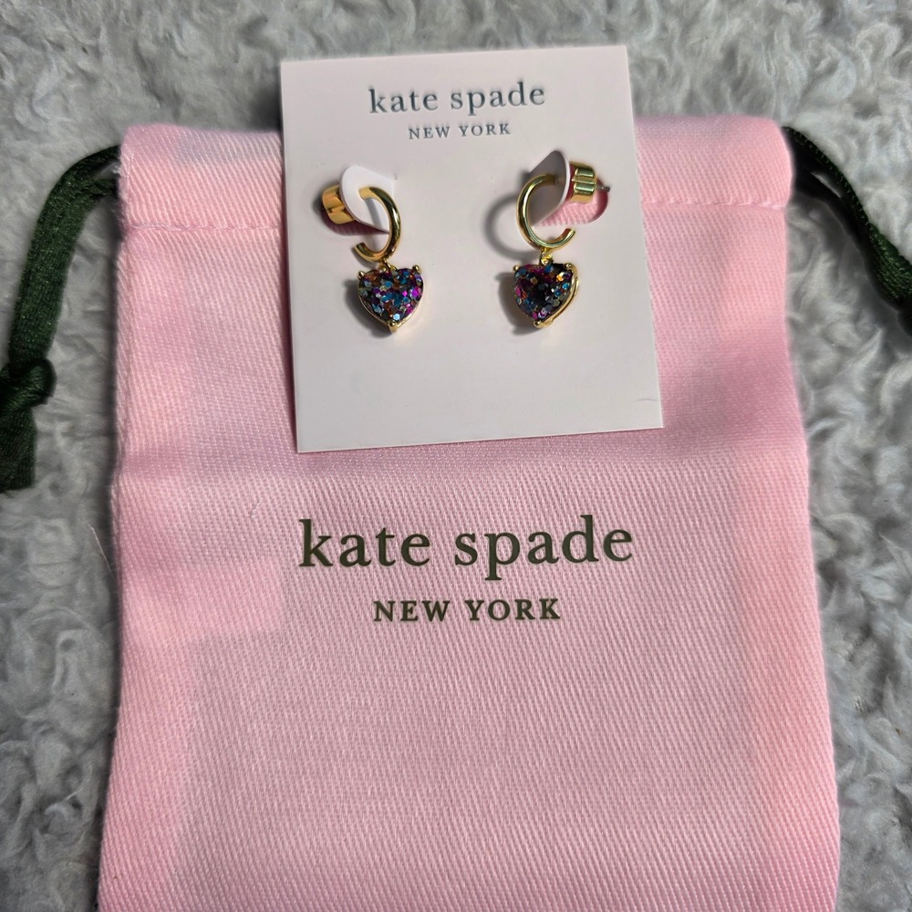 Kate Spade New York My Love Multi Glitter Heart Huggie Hoop Earrings Valentines‎ - Picture 2 of 5